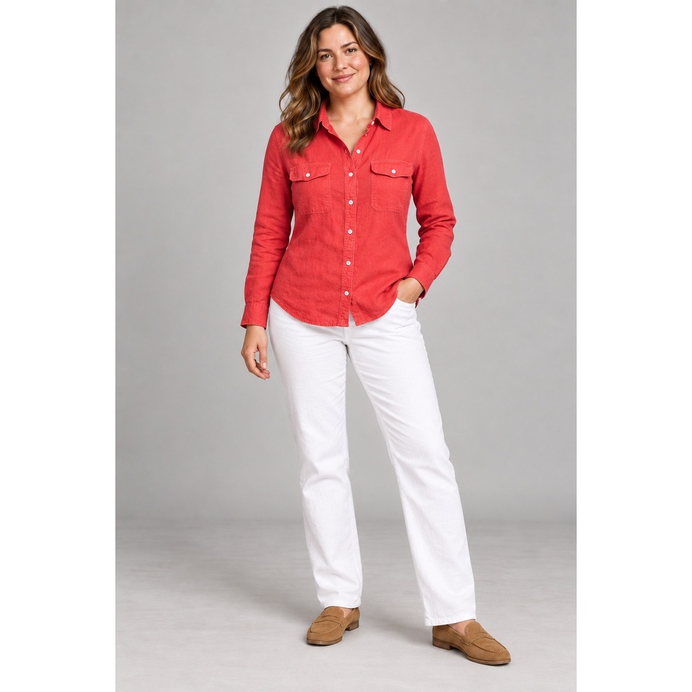 Lauren Ralph Lauren 100% Linen Button Down Shirt Coral Red XL Long Sleeve Pocket